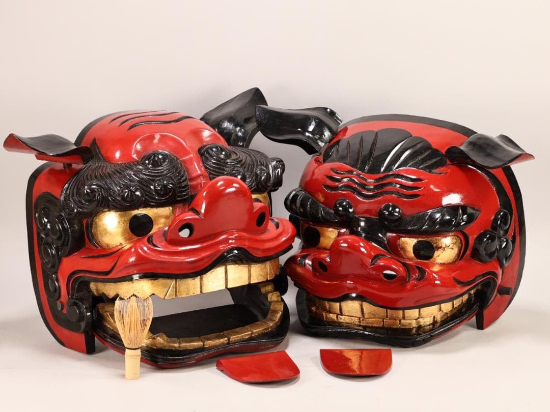 Amazon | BK563 獅子頭一対 雄雌セット 獅子頭 木彫 獅子舞 縁起物